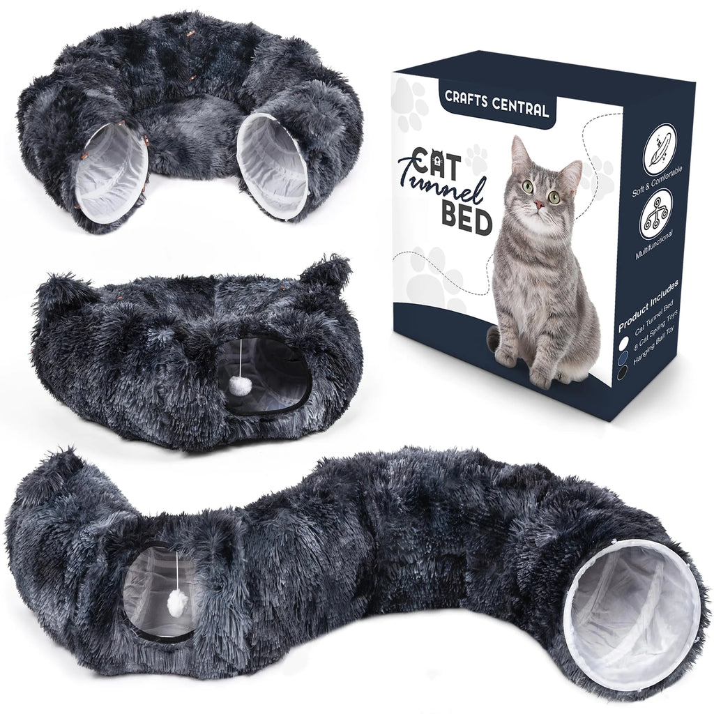 Cat Tunnel Bed with 8 Cat Spring Toys - Furry Cat Tunnel Bed Kitty Ears Design Large Cat Donut Tunnel Cat Bed for Indoor Cats Cat Tunnel Cave - Great Indoor cat Toy